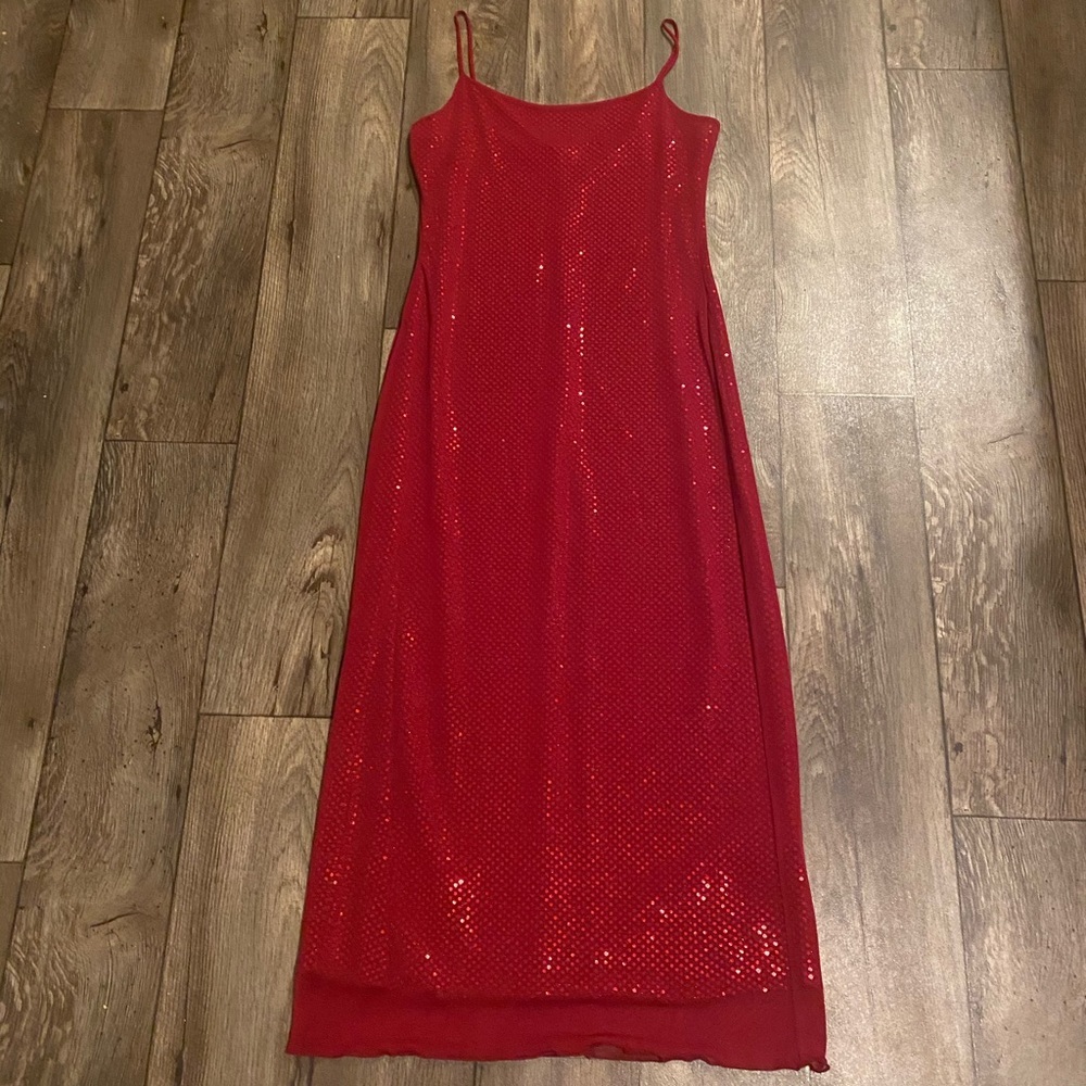 Heart & Soul Red Sequin Bodycon Gown Maxi Dress Spaghetti Strap Large - Picture 2 of 8